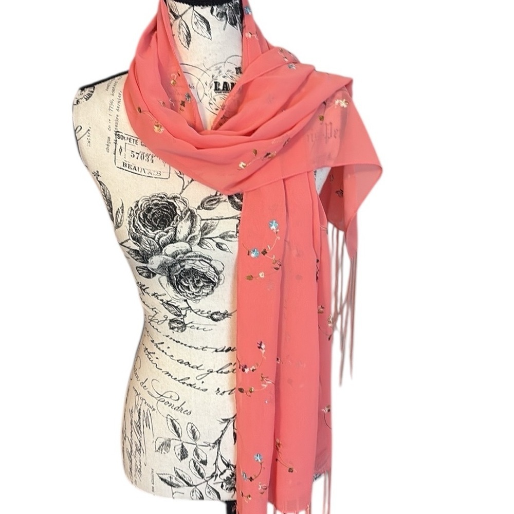 Embroidered Floral Scarf Fringe Trim Coral